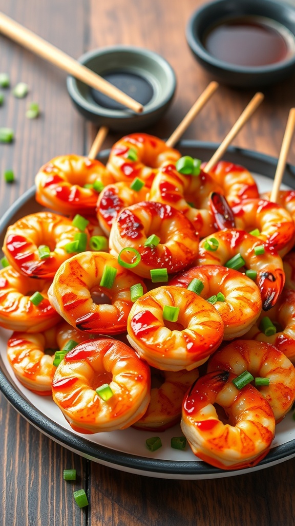 Grilled shrimp yakitori skewers with teriyaki glaze, garnished with green onions, on a wooden table with dipping sauce.